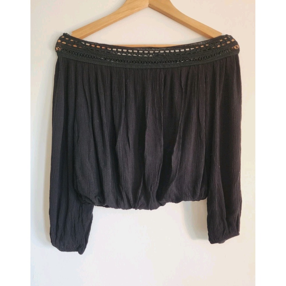 Lulus Women's Blouse Crop Top 3/4 Sleeve Black Size M